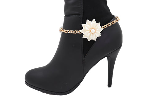 Women Gold Metal Western Boot Chain Bracelet Shoe Anklet Big Cream Flower Charm Adjustable Band One Size