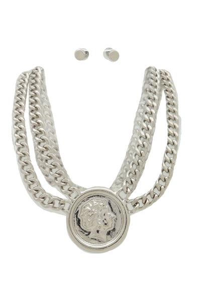 Women Fashion Jewelry Silver Metal Chain Necklace Greek Face Coin Pendant + Earrings Set