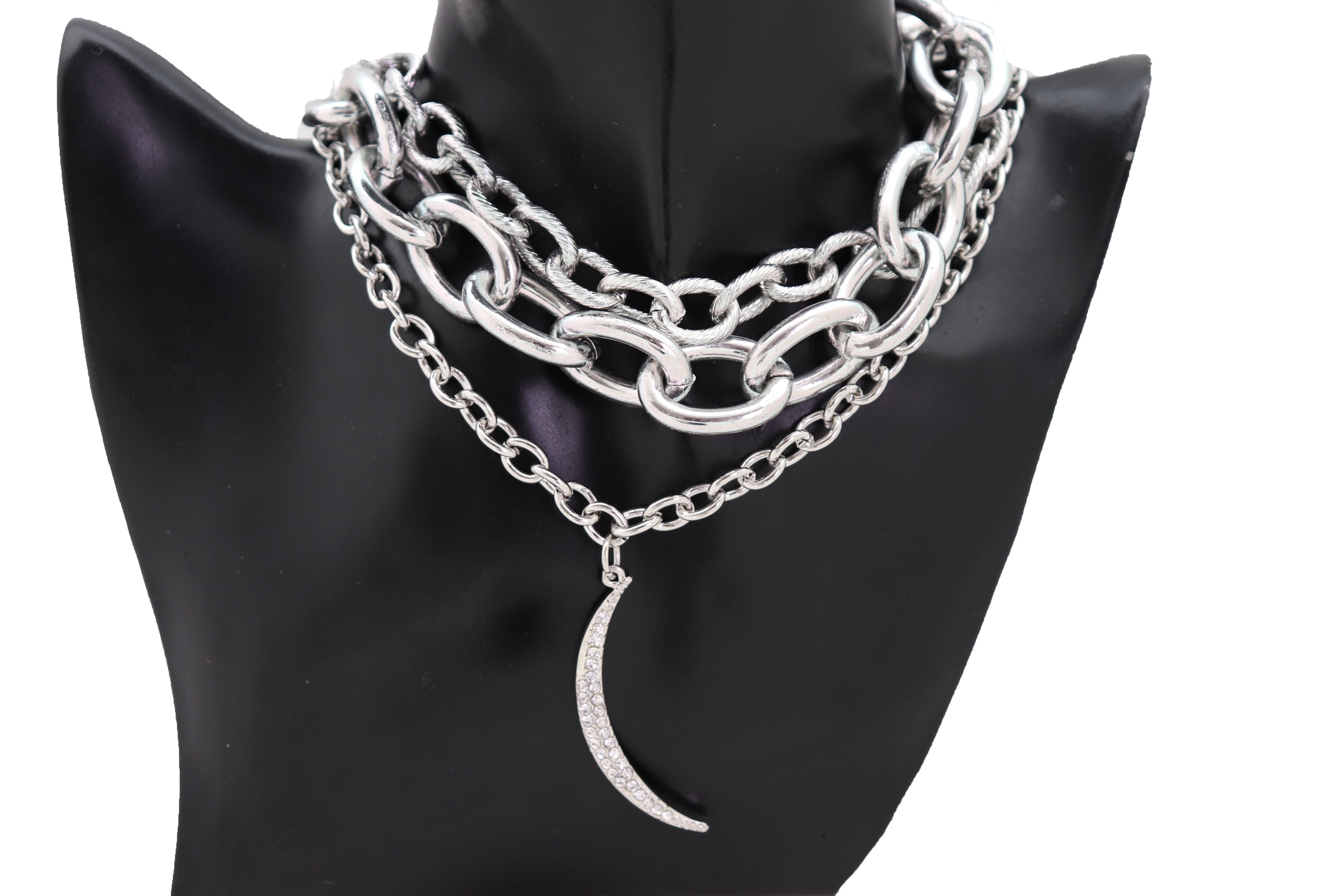 Women Multi Strands Silver Metal Chain Links Bib Fashion Necklace Char ...