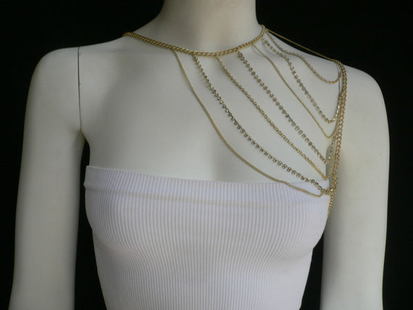 Gold Metal Long Chain Clear Rhinestones One Side Shoulders Body Chain ...