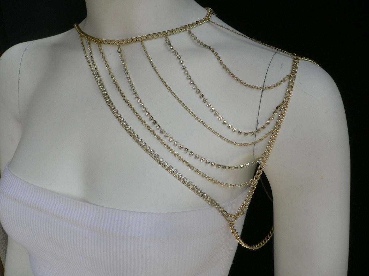 Gold Metal Long Chain Clear Rhinestones One Side Shoulders Body Chain ...