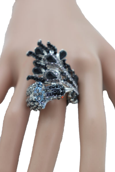 Brand New Women Silver Metal Bling Peacock Ring Elastic Band Black Feather Wrap Around One Size
