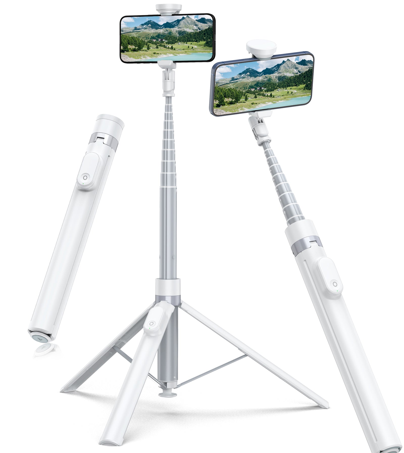 TONEOF 66" Phone Selfie Stick Tripod Stand Automatic Open with Magnetic Remote, Travel Tripod 360°Rotatable for iPhone/Android(White)