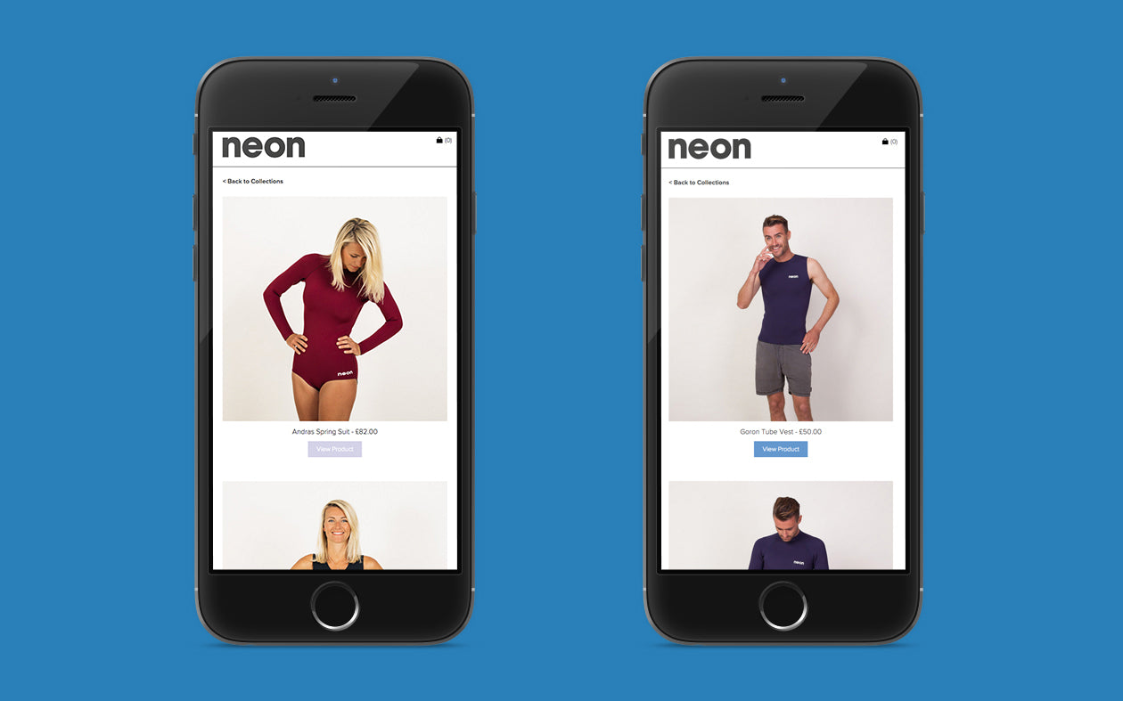 Neon Wetsuits UI on Mobile