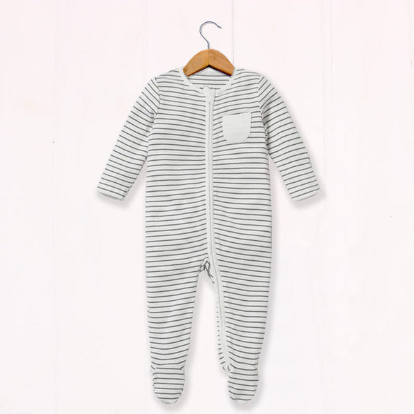 Baby Mori unisex grey breton stripe baby sleepsuit