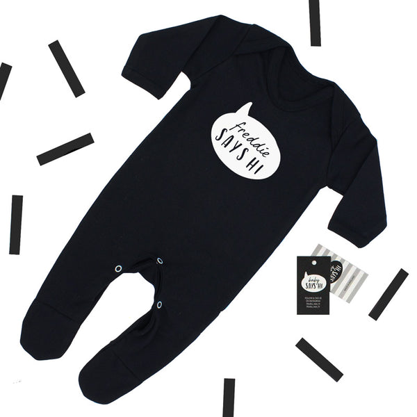 Personalised baby says hi baby sleepsuit for boys or girls