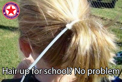 Hair up for school with a cable tie