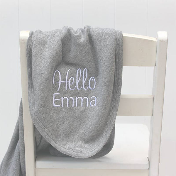 Personalised Hello Baby grey cotton blanket