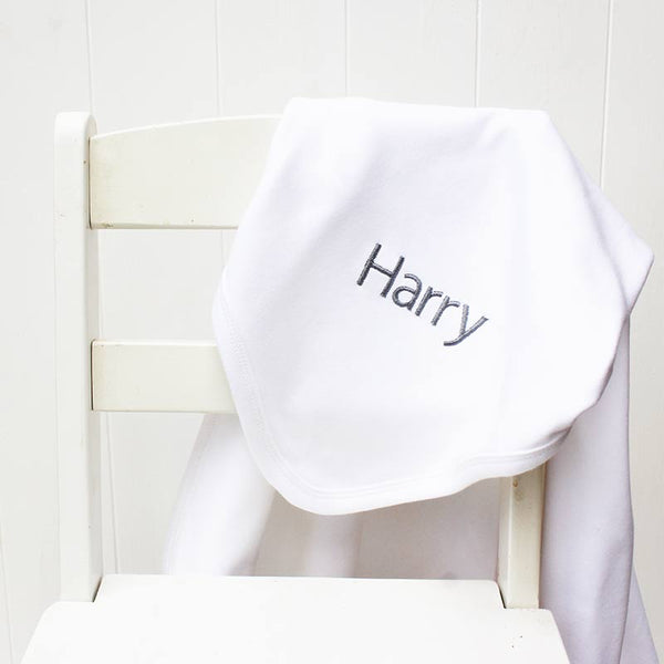 Personalised white cotton baby blanket