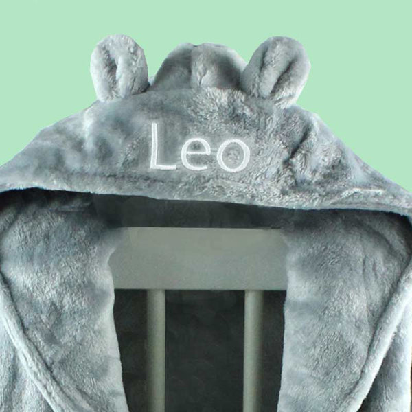 Personalised grey bear ears baby dressing gown for boys or girls
