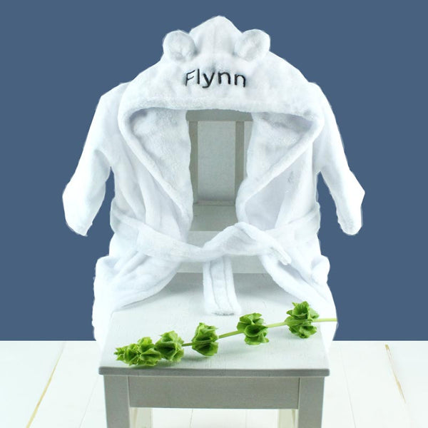 Personalised white hooded dressing gown for baby and toddler