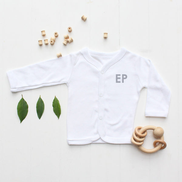 Personalised white baby cardigan with initials for boys or girls