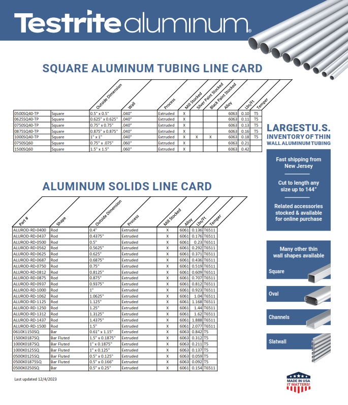 Square Aluminum Tubing Size Chart, Aluminum Solid Rod Size Chart, Aluminum Solid Bar Size Chart