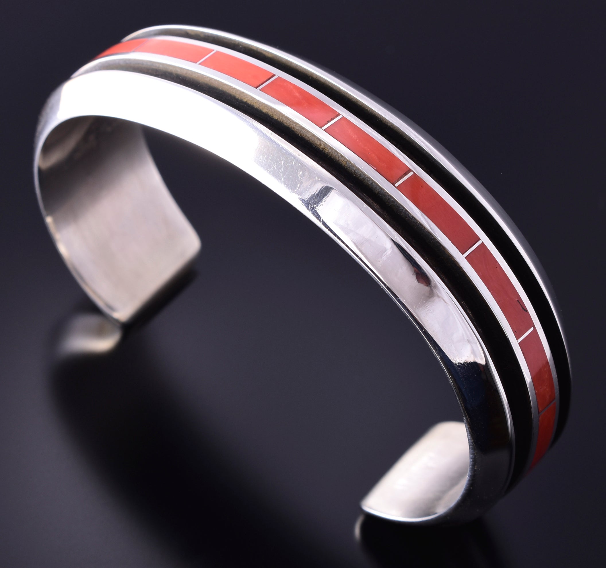Silver & Coral Zuni Inlay Men's Bracelet by Larry Loretto 4F23O