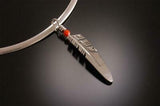 Medium Silver Feather with Coral Accented Pendant by Ray Tracey - ZC23G