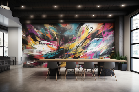 corporate space with a beautiful mural painted on the wall. AI inspired
