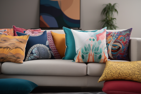 colorful pillows on a beige couch. Beautiful pillow design made with AI