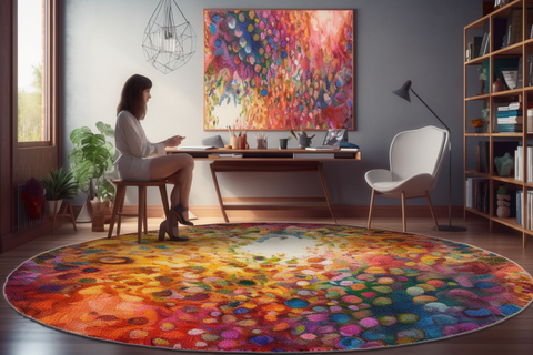 a living room with colorful round carpet made with AI