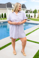 A blue and white shirt dress