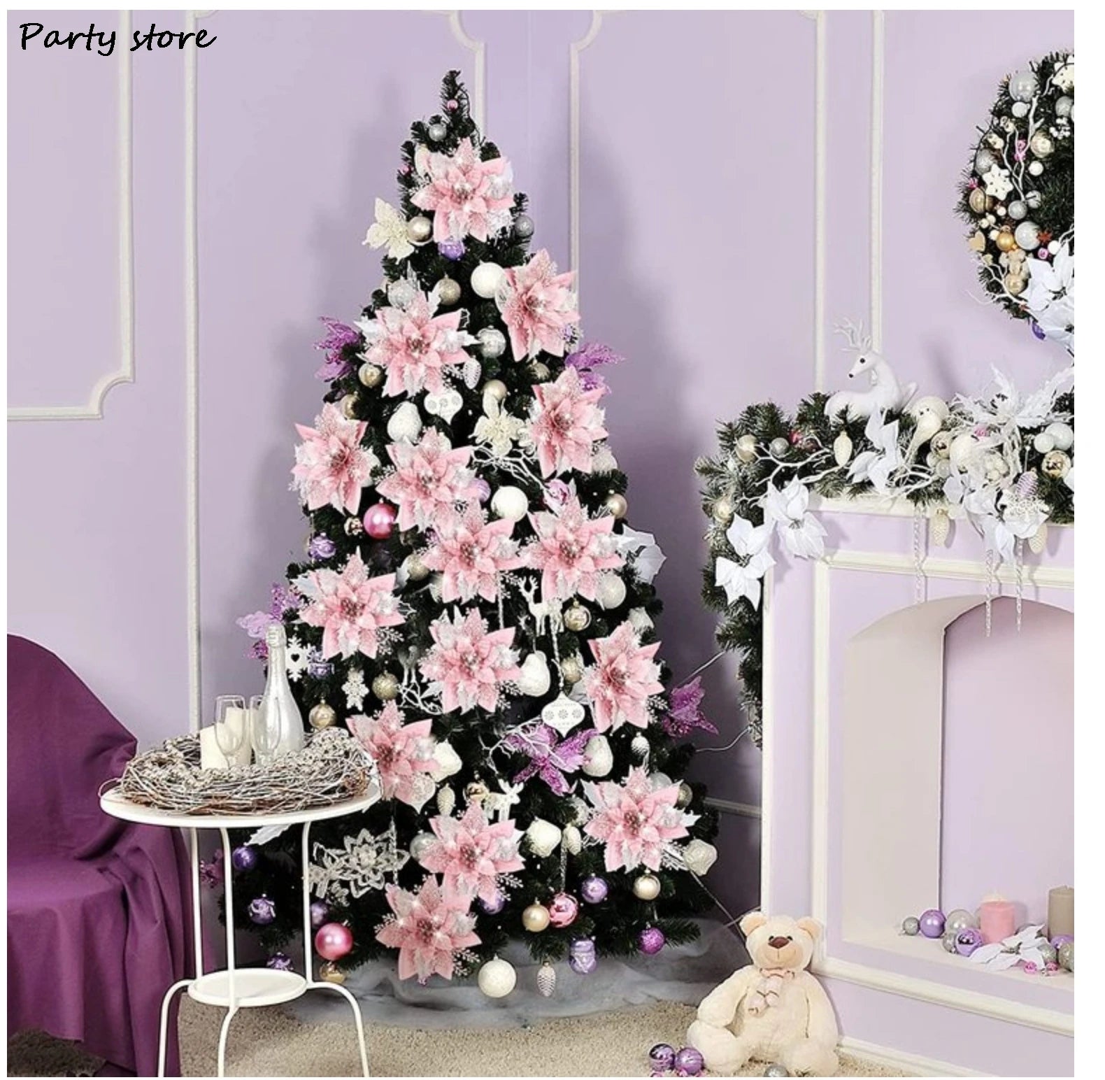 Sparkling Pink Glitter Christmas Flower Ornaments - Image 17