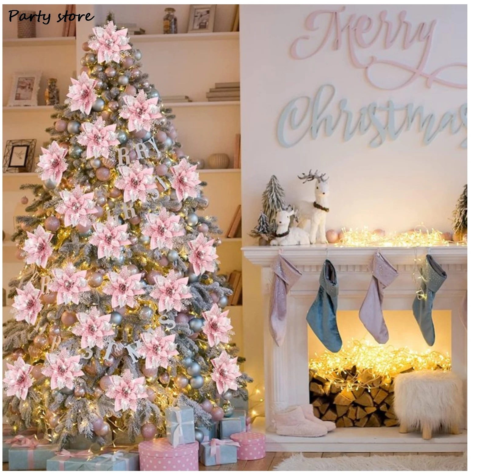 Sparkling Pink Glitter Christmas Flower Ornaments - Image 15