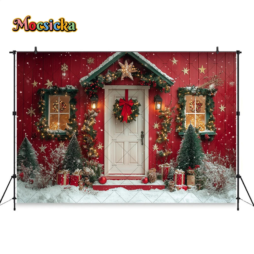 Cozy Red Christmas Photo Backdrop with Wreath - Image 15