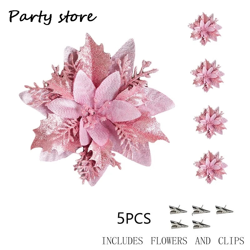 Sparkling Pink Glitter Christmas Flower Ornaments - Image 24