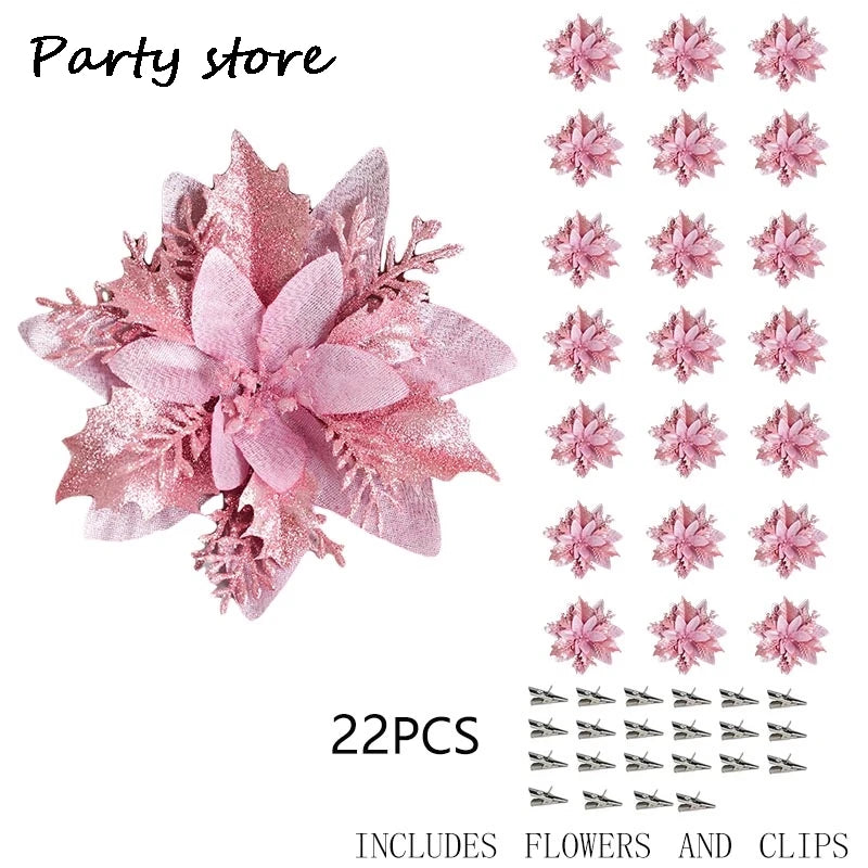 Sparkling Pink Glitter Christmas Flower Ornaments - Image 14