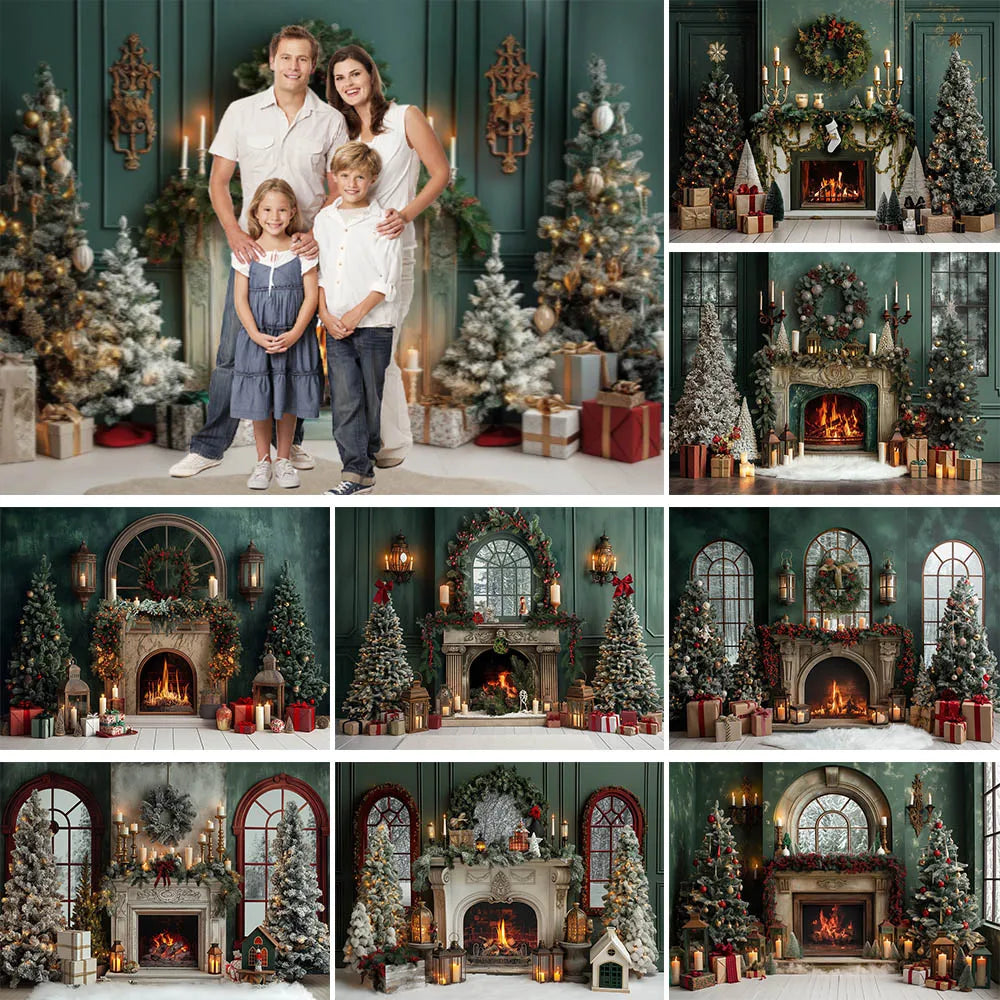 Vintage Green Christmas Fireplace Photo Backdrop