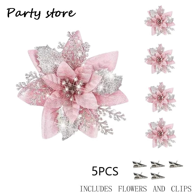 Sparkling Pink Glitter Christmas Flower Ornaments - Image 23