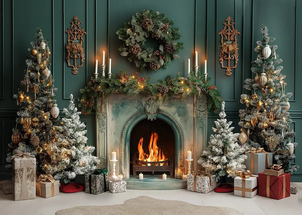 Vintage Green Christmas Fireplace Photo Backdrop - Image 2