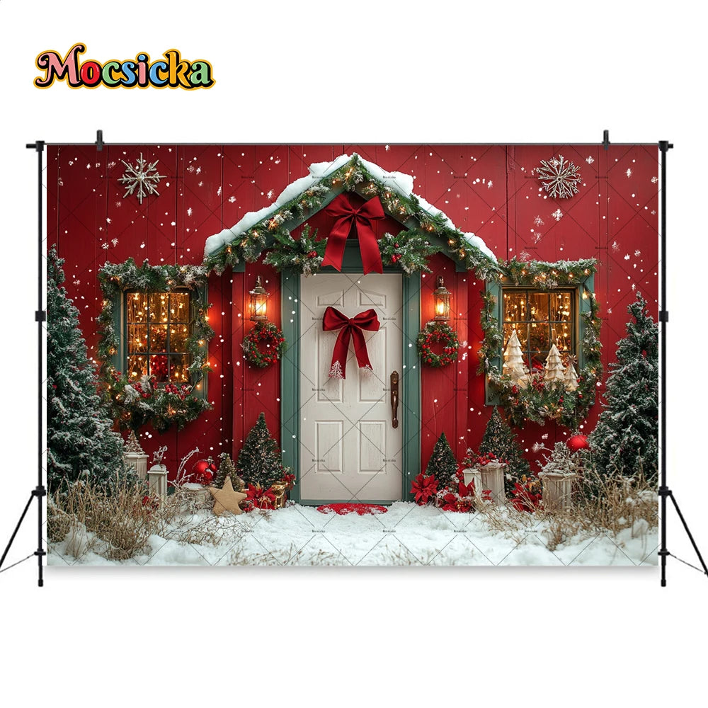 Cozy Red Christmas Photo Backdrop with Wreath - Image 11