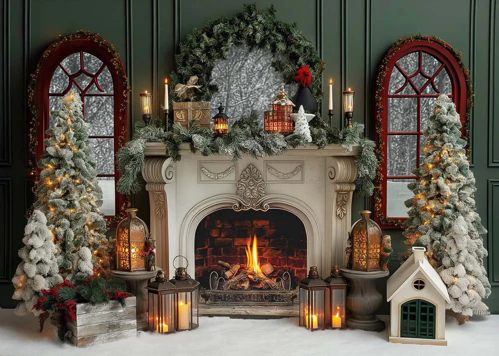 Vintage Green Christmas Fireplace Photo Backdrop - Image 12