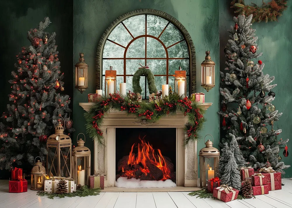 Vintage Green Christmas Fireplace Photo Backdrop - Image 11