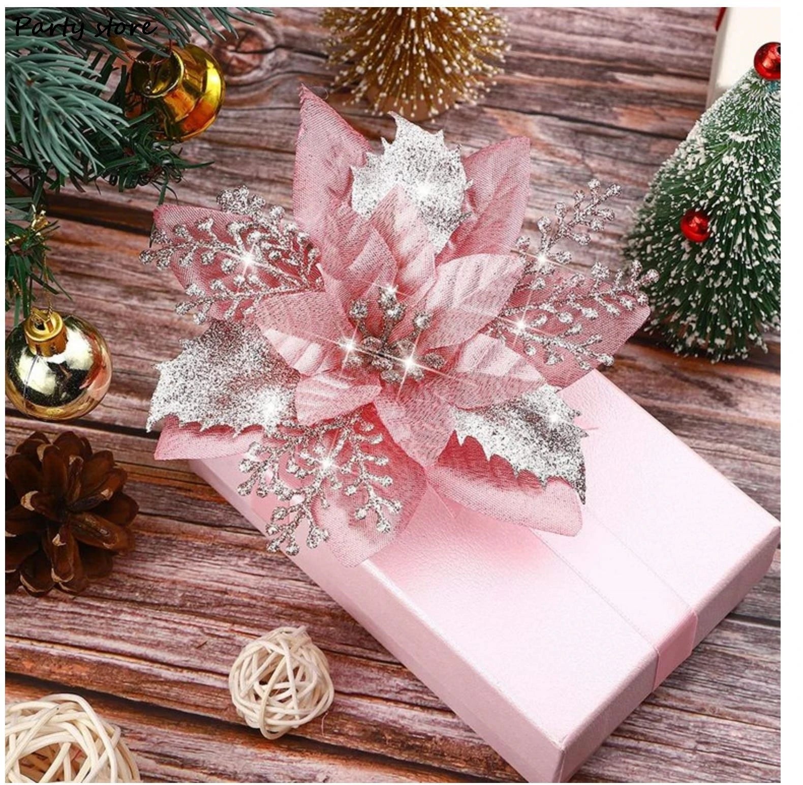 Sparkling Pink Glitter Christmas Flower Ornaments - Image 16