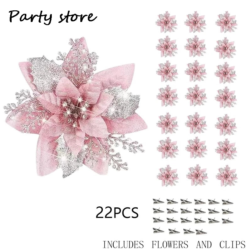 Sparkling Pink Glitter Christmas Flower Ornaments - Image 13