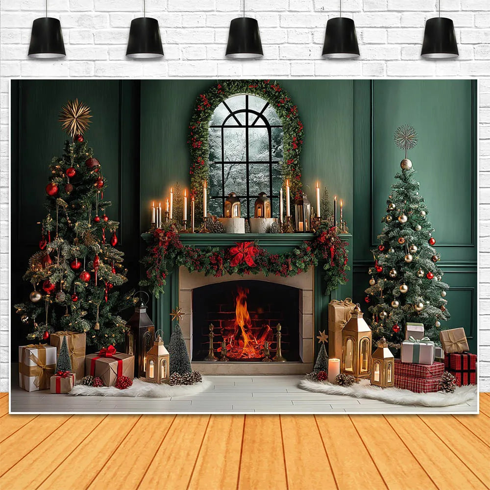 Vintage Green Christmas Fireplace Photo Backdrop - Image 6