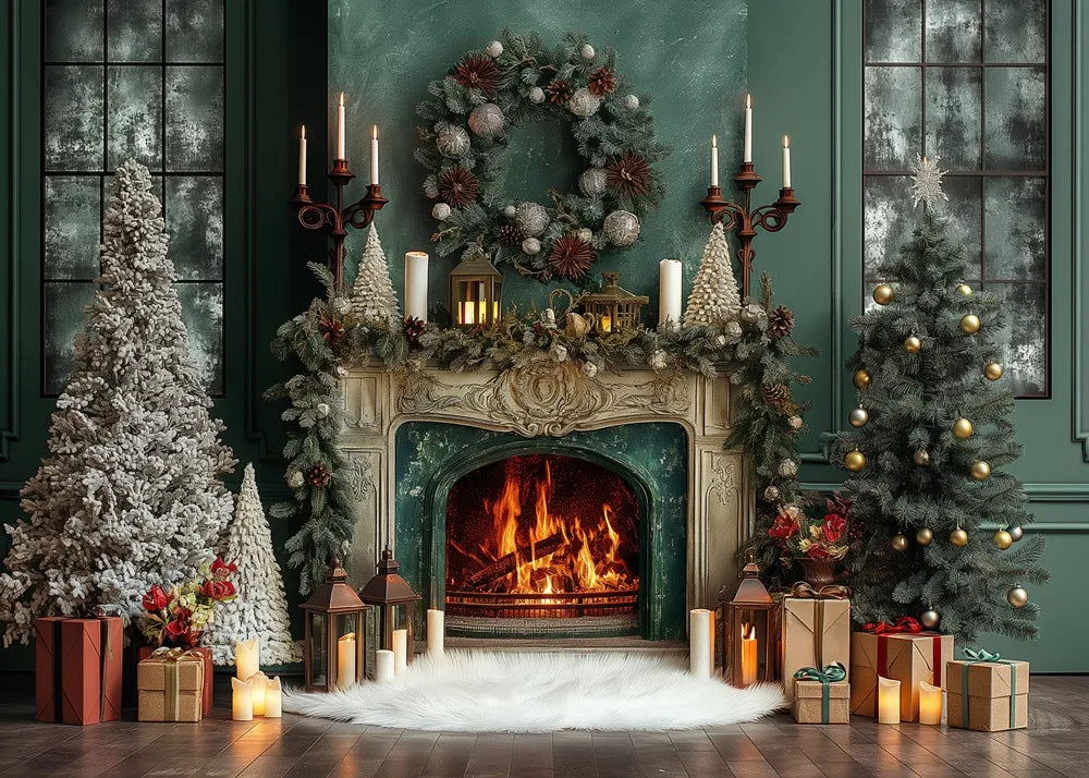 Vintage Green Christmas Fireplace Photo Backdrop - Image 18