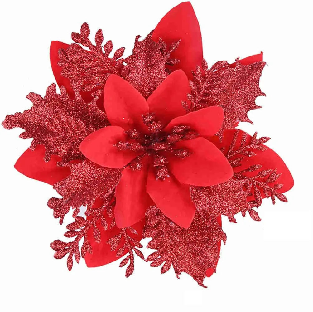 10PCS Glittering Poinsettia Christmas Tree Ornaments - Image 4