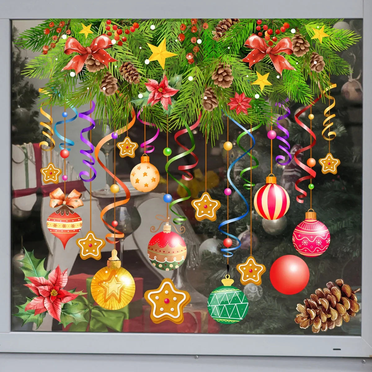 Festive Christmas Window Stickers: Colorful Balloons & Pinecones