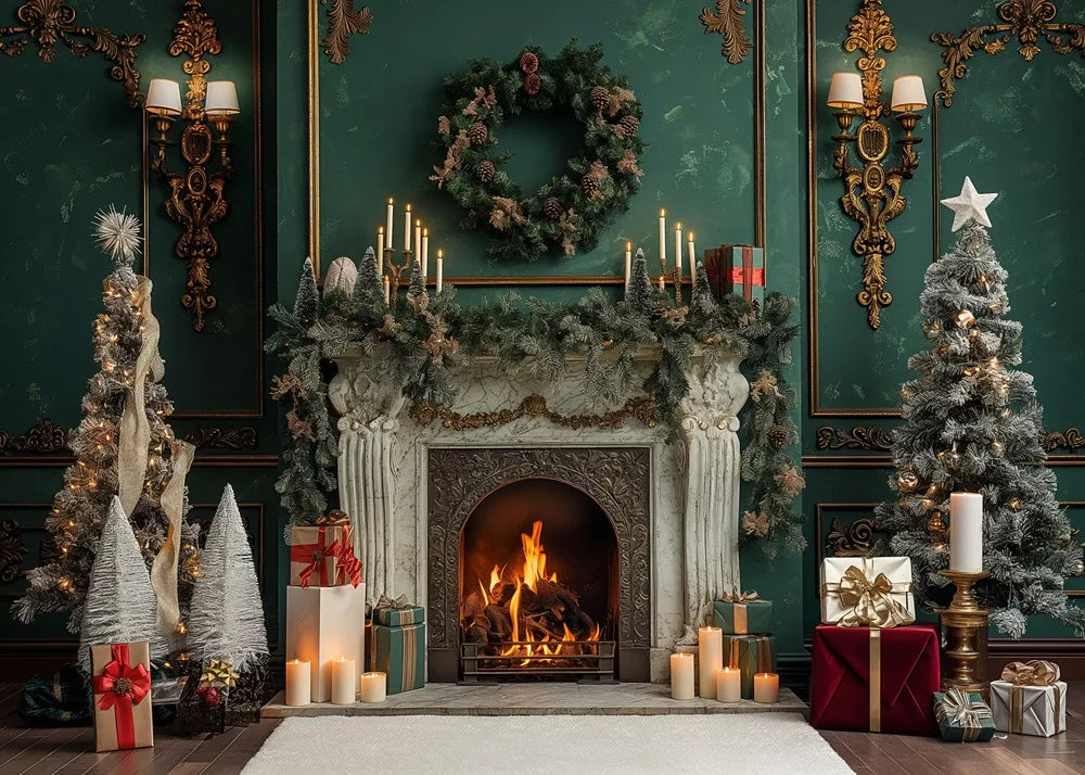 Vintage Green Christmas Fireplace Photo Backdrop - Image 17