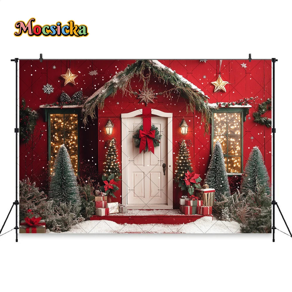 Cozy Red Christmas Photo Backdrop with Wreath - Image 8