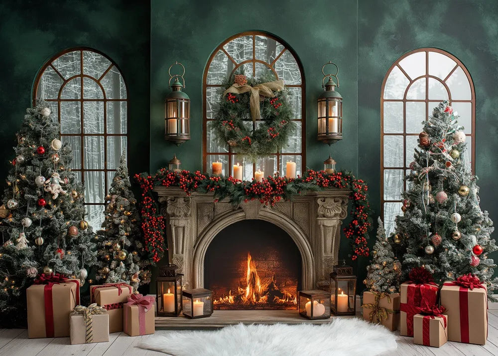 Vintage Green Christmas Fireplace Photo Backdrop - Image 9