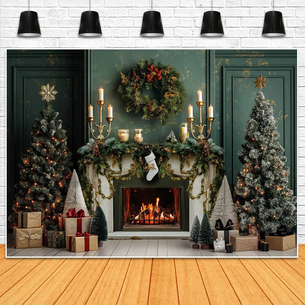 Vintage Green Christmas Fireplace Photo Backdrop - Image 3