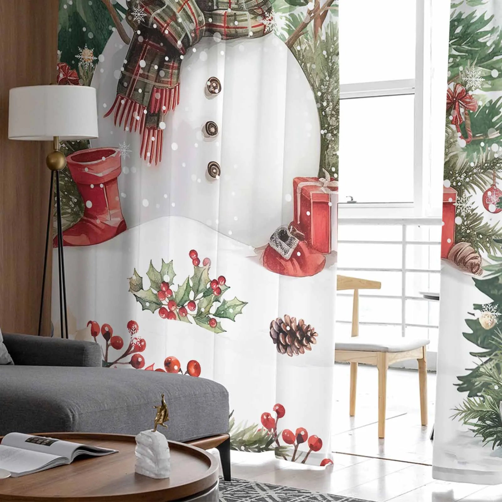 Festive Snowman Poinsettia Sheer Curtains for Christmas - Image 3
