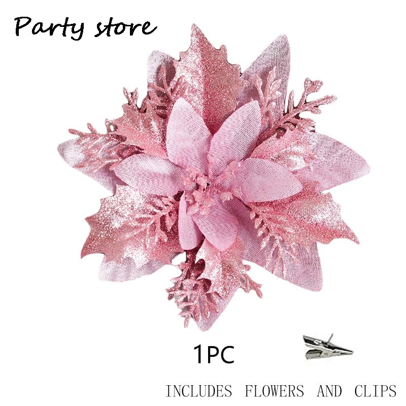 Sparkling Pink Glitter Christmas Flower Ornaments - Image 4