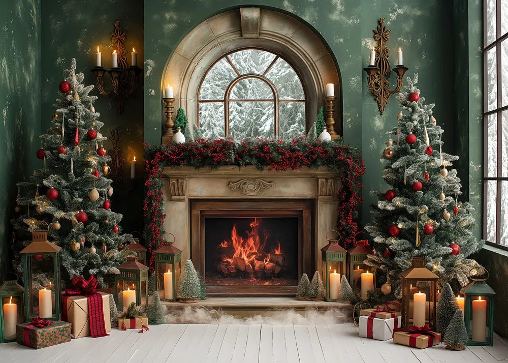 Vintage Green Christmas Fireplace Photo Backdrop - Image 8