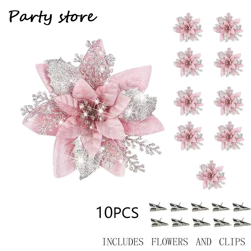 Sparkling Pink Glitter Christmas Flower Ornaments - Image 6