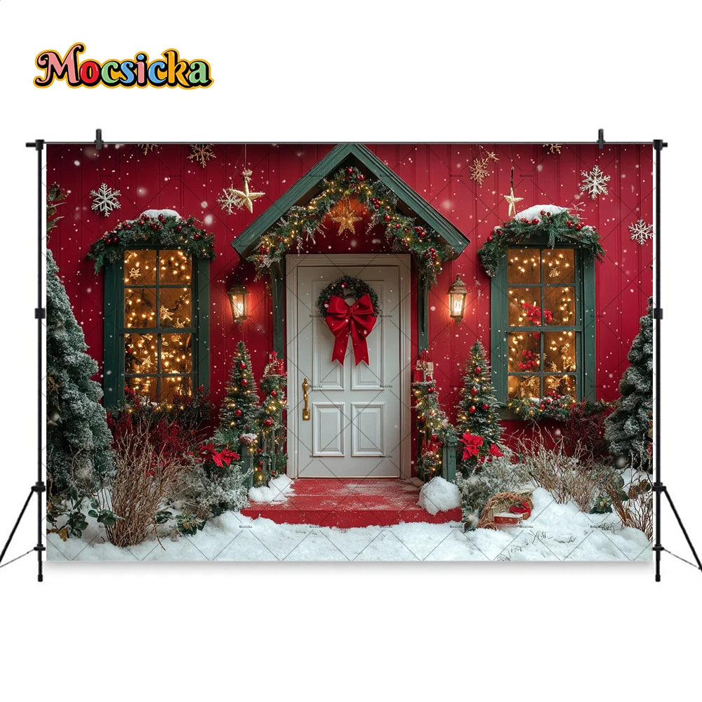 Cozy Red Christmas Photo Backdrop with Wreath - Image 13