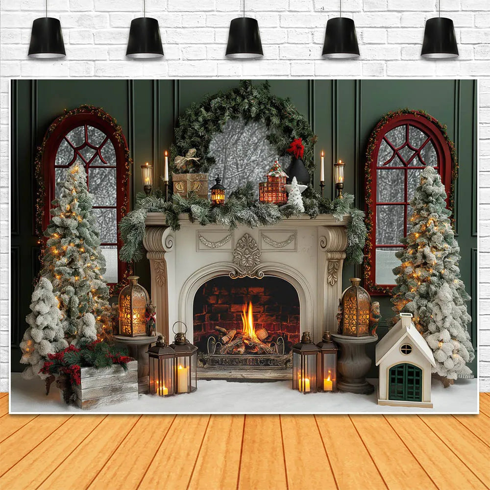 Vintage Green Christmas Fireplace Photo Backdrop - Image 4